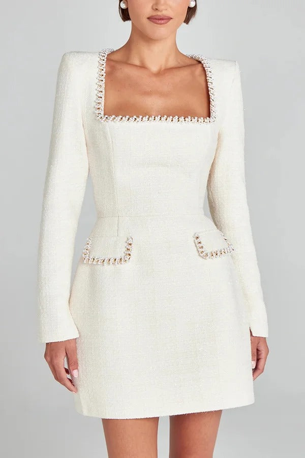 Tweed Square Neck Pearl Trim Long Sleeve Pocket Mini Dress - View 10