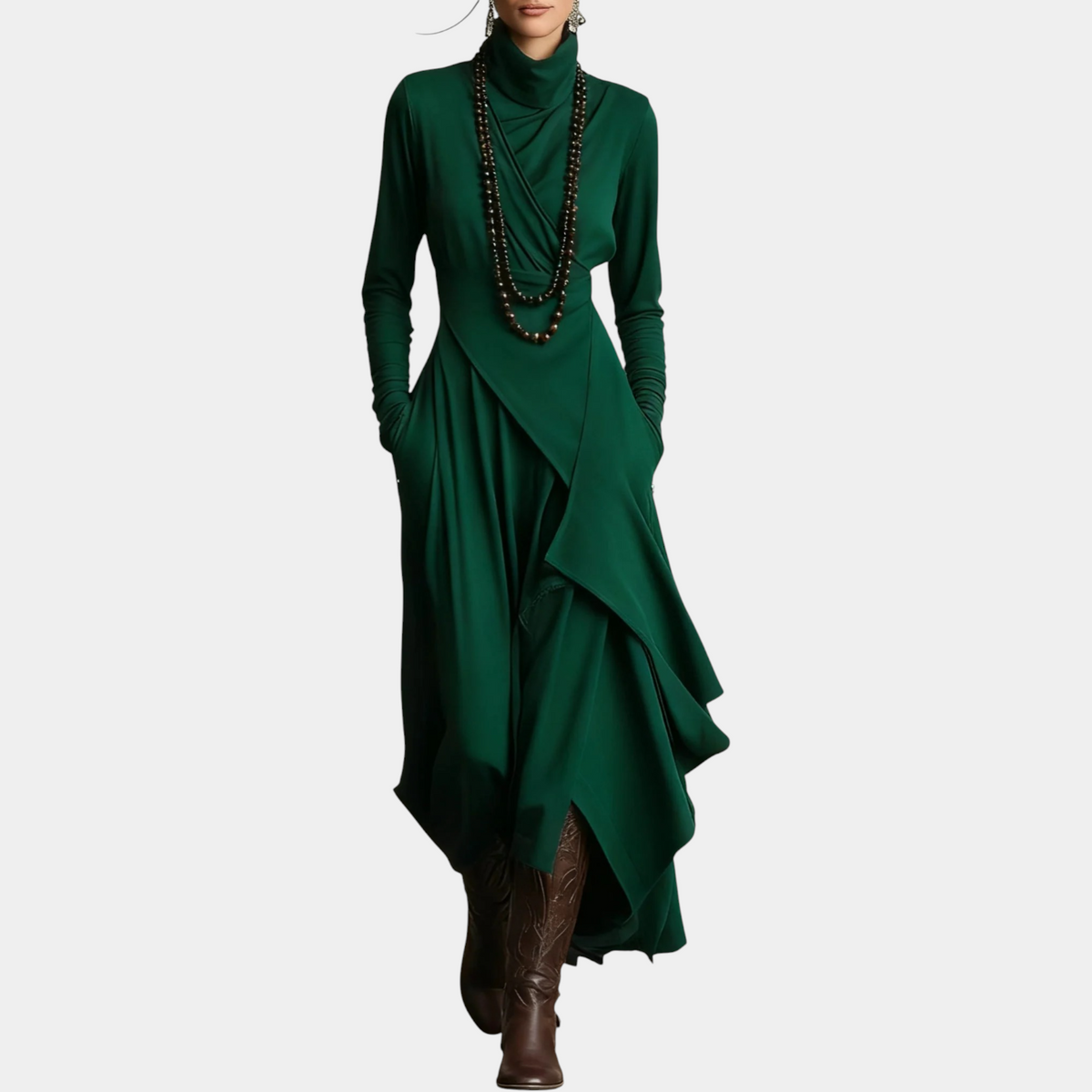 Turtleneck Long Sleeve Asymmetric Draped Maxi Dress 2