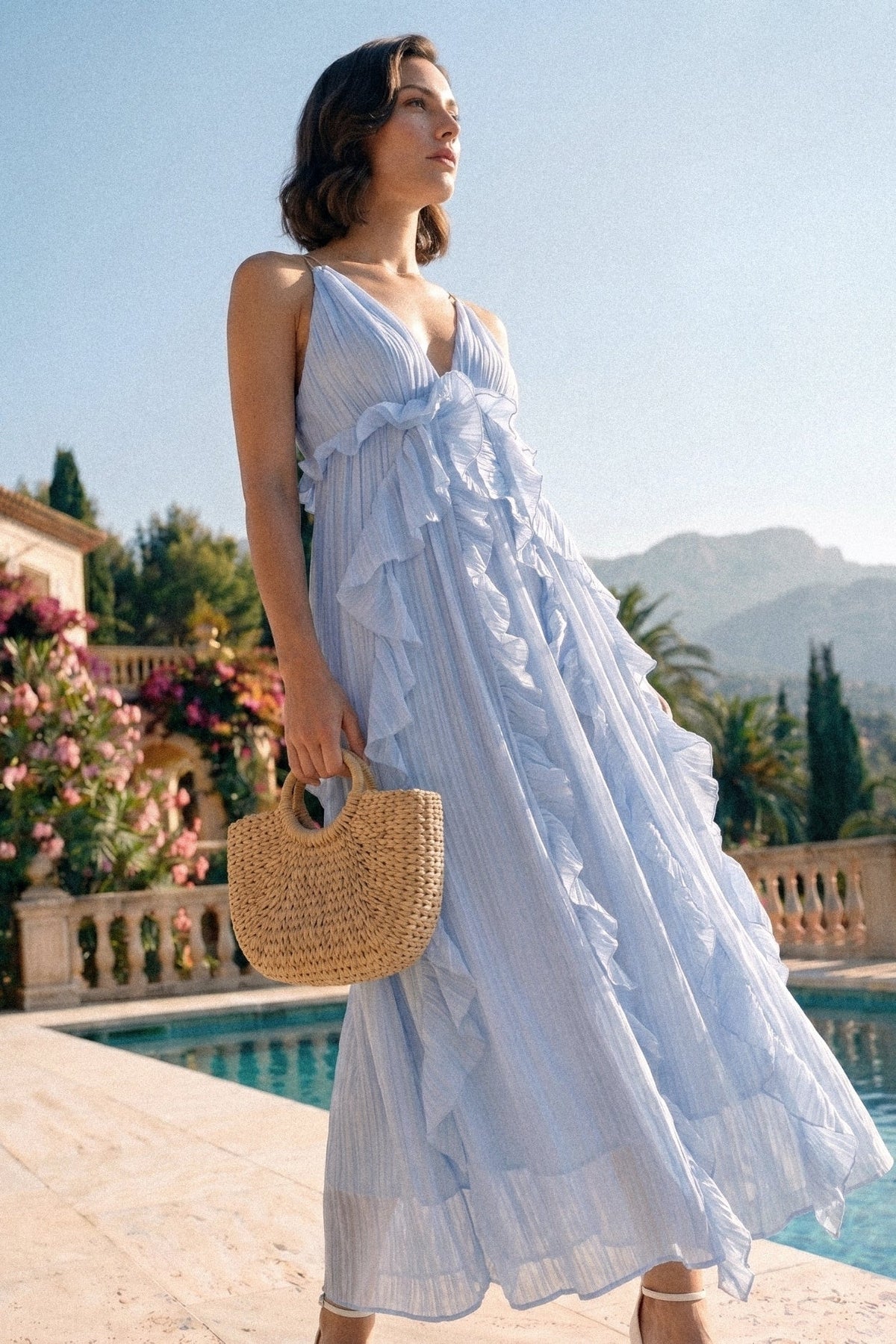 Deep V-Neck Ruffle Maxi Dress With Cascading Asymmetric Tiers - Blue - View 4