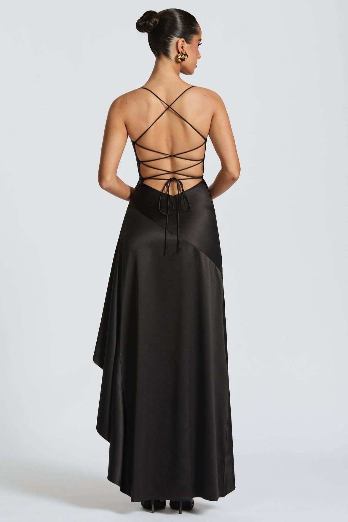 Satin Cowl Neck Spaghetti Strap Ruffle High Split Slip Maxi Dress - View 6