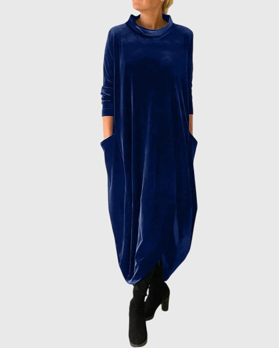 Velvet Mock Neck Long Sleeve Cocoon Midi Dress 4