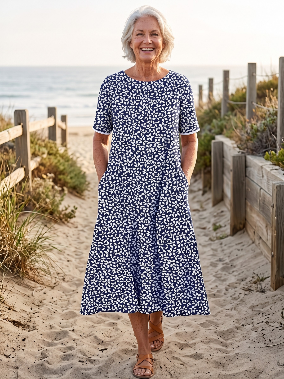 Leaf Print Crew Neck Half Sleeve A-Line Midi Dress 3