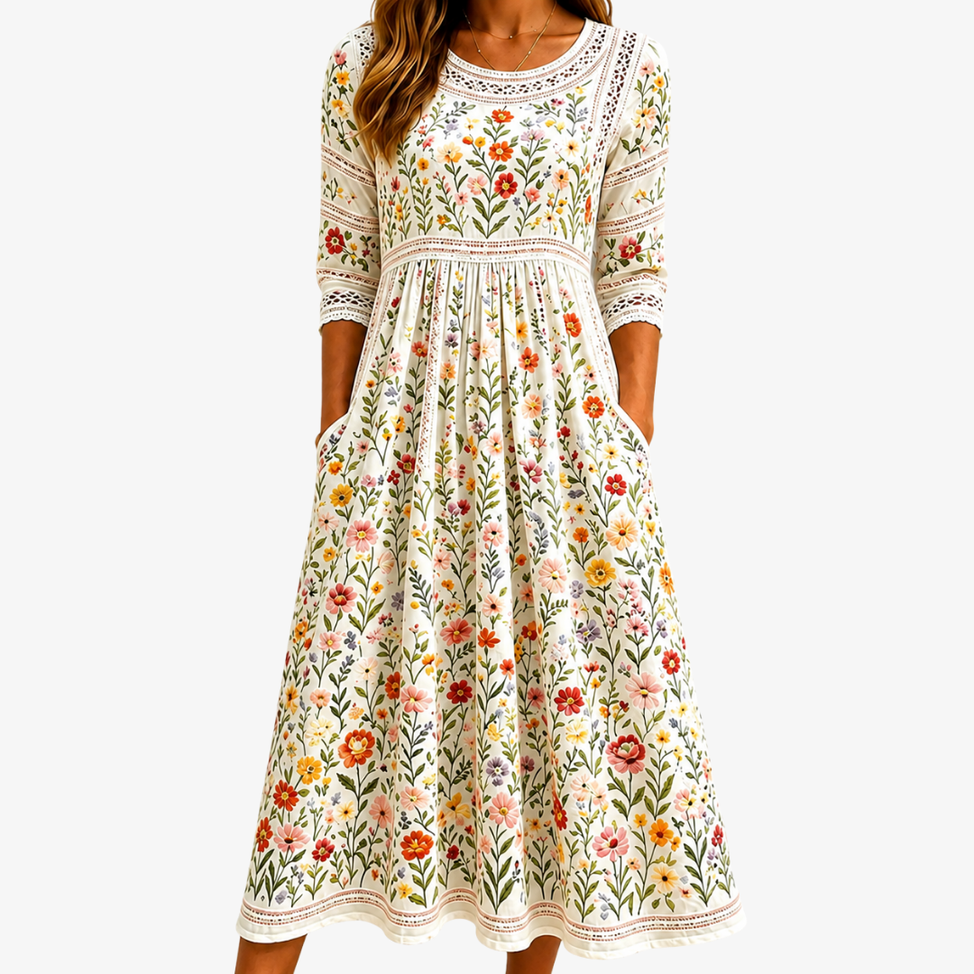 Wildflower Print Crew Neck Crochet Trim Pocket Midi Dress