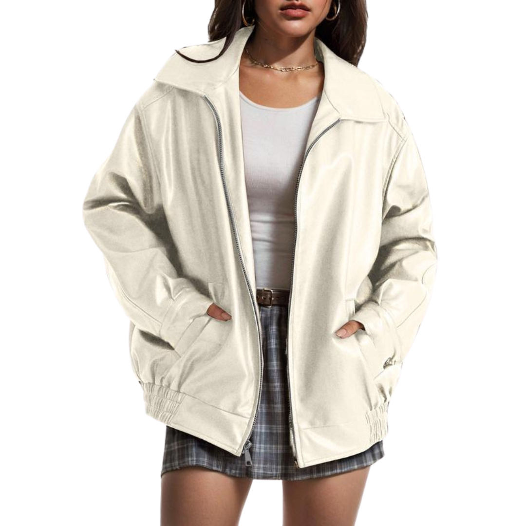 Oversized Faux Leather Zip Front Collared Jacket 3