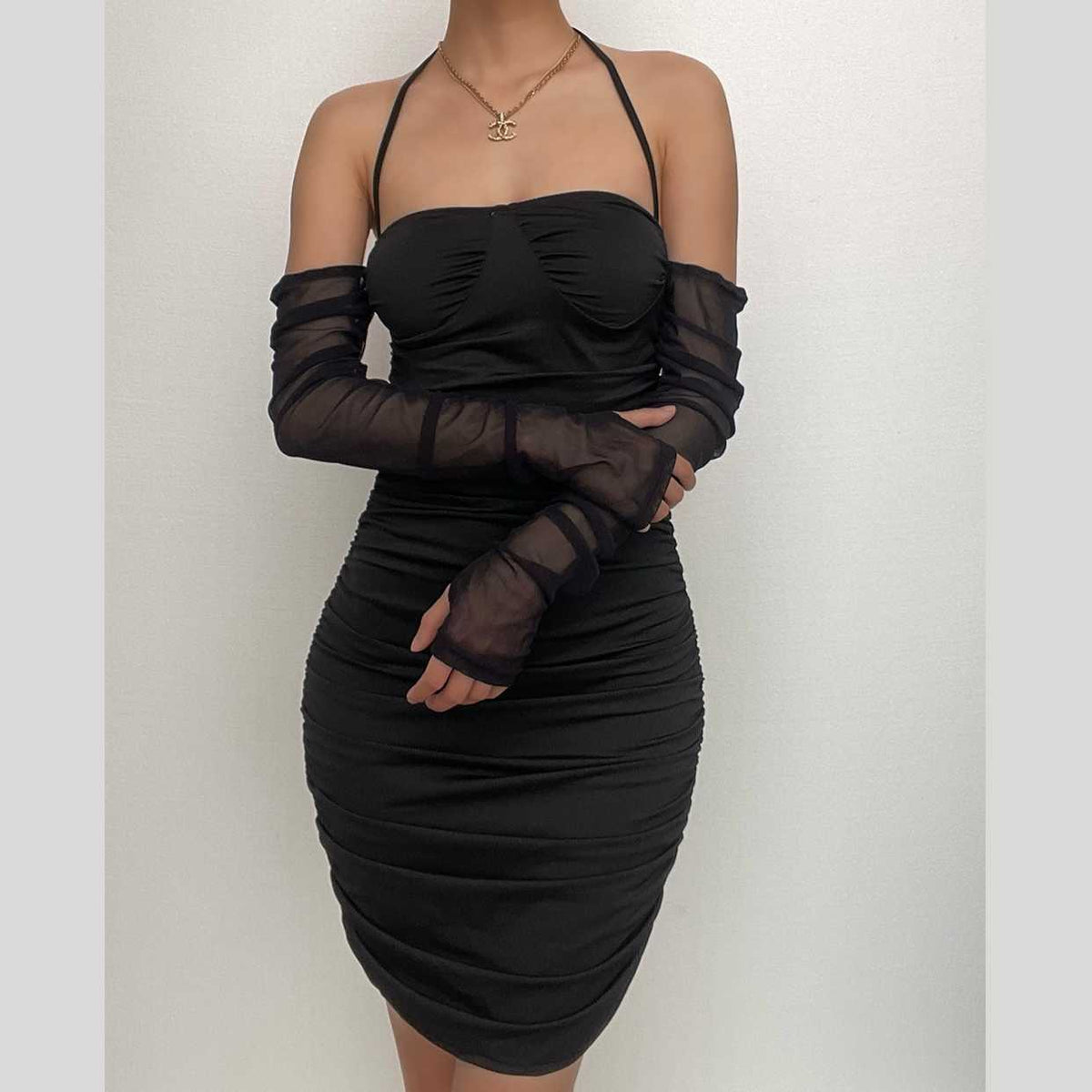 Mesh Glove Halter Neck Ruched Bodycon Mini Dress