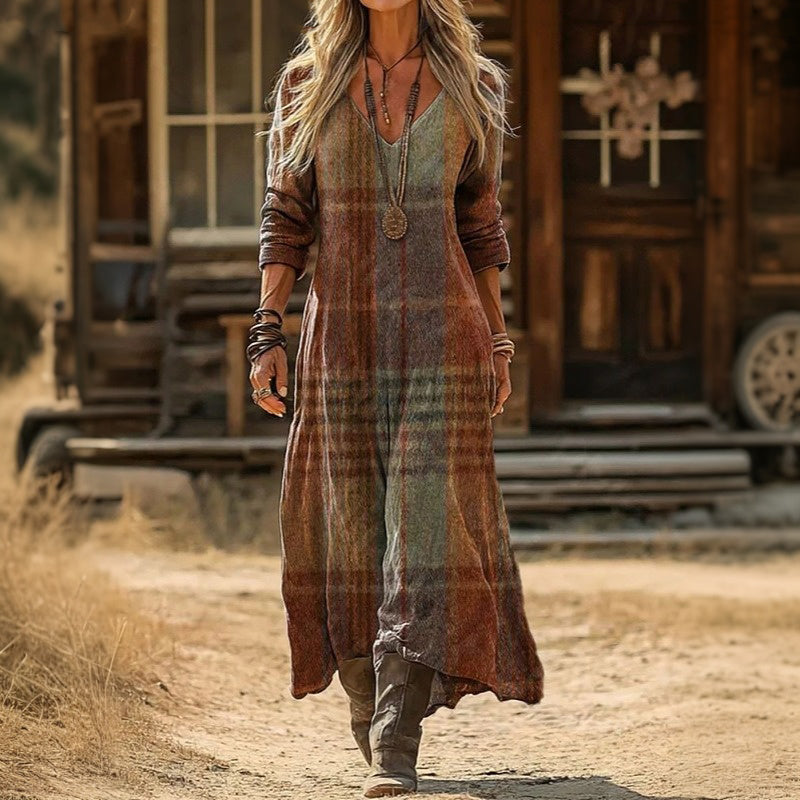 Plaid Check V-Neck Long Sleeve Maxi Dress