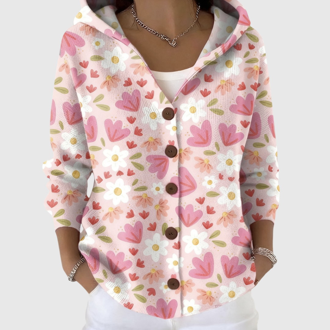 Heart Floral Print Waffle Knit Hooded Button Cardigan