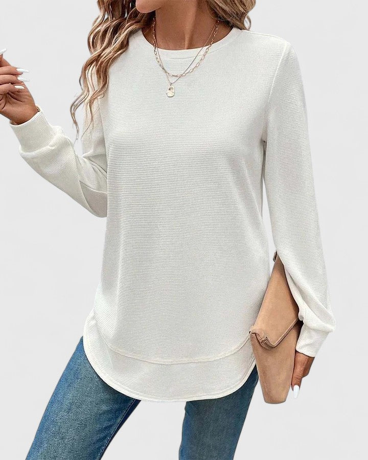 Crew Neck Long Sleeve Waffle Knit Curved Hem Top 3