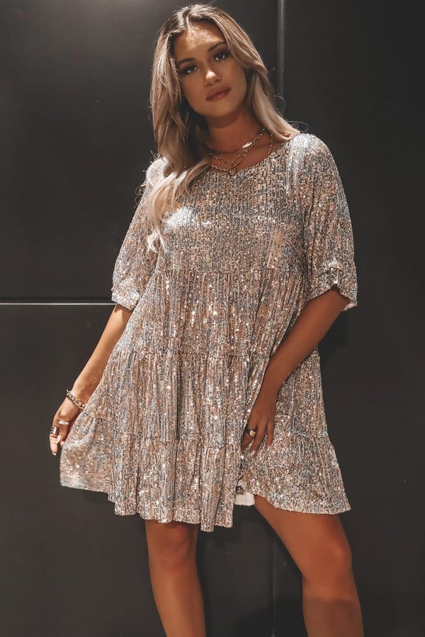 Sequin Crew Neck Half Sleeve Tiered Ruffle Babydoll Mini Dress