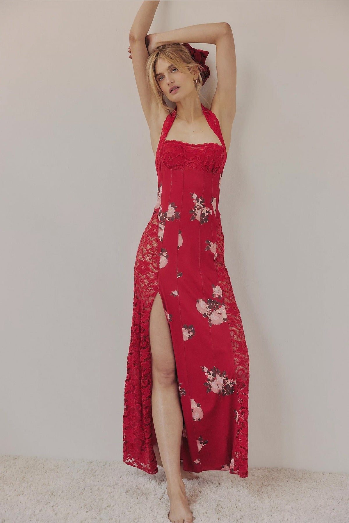 Elegant Floral Spaghetti Strap Maxi Lace Dress - View 6