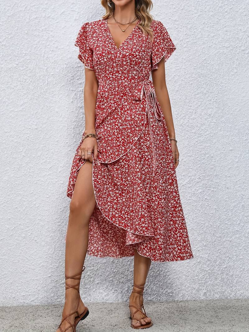 Ditsy Floral V-Neck Flutter Sleeve Wrap Ruffle Midi Dress 3