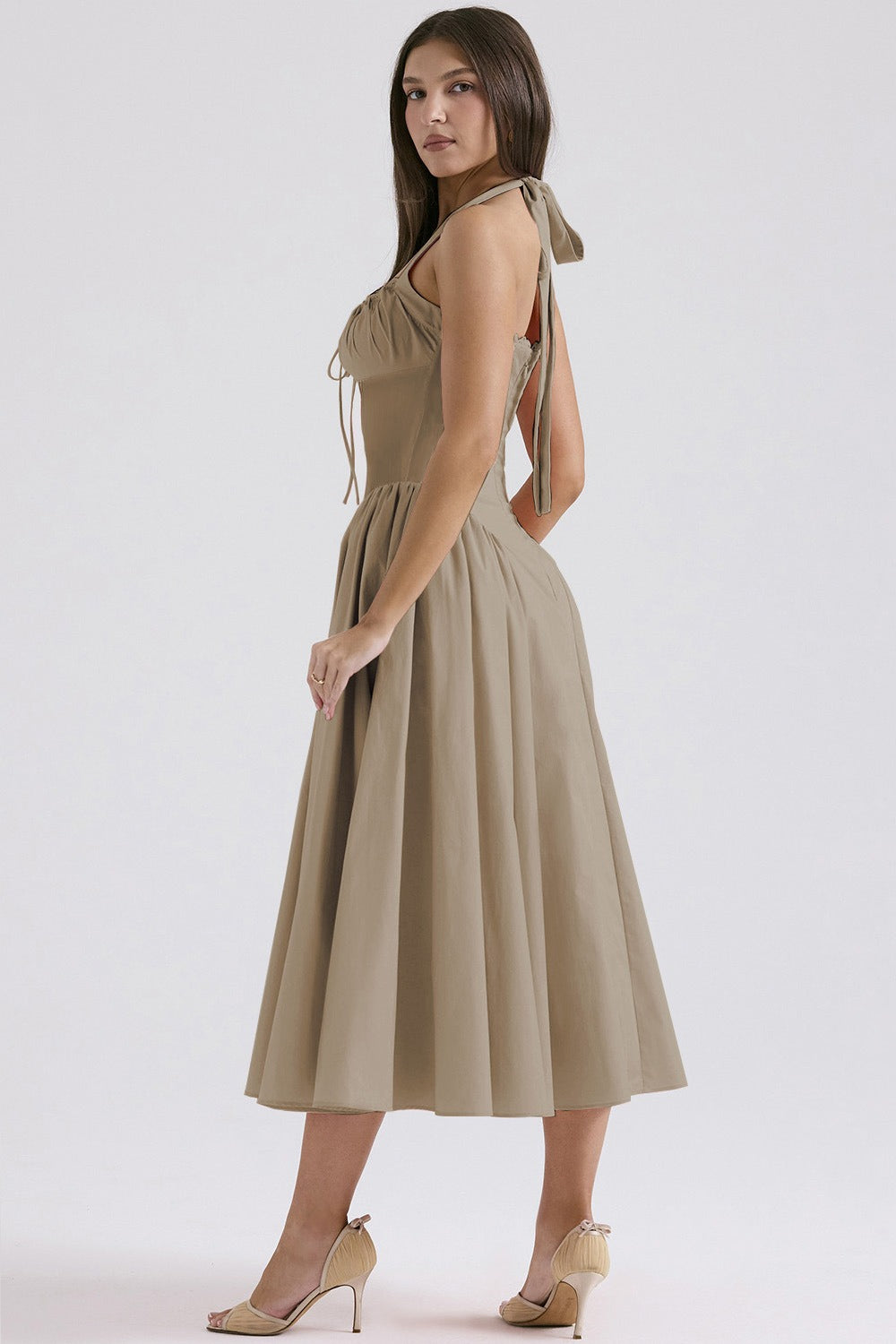 Halter Neck Ruched Corset Fit and Flare Midi Dress - View 12
