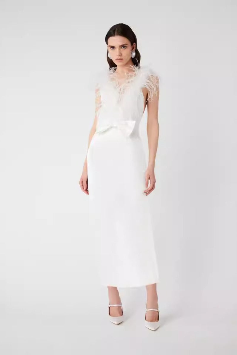 Feather Trim V-Neck Sheer Bow Gown - View 2