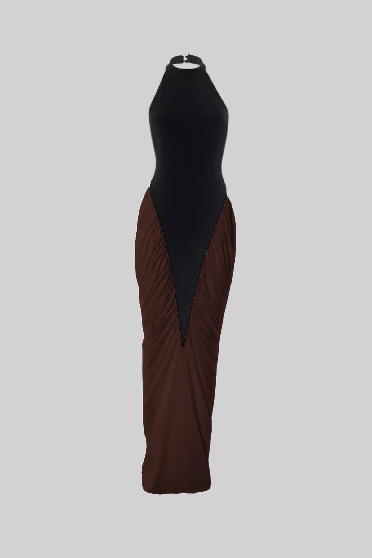 Halter Maxi Dress with  Contrasting Ruched Paneling - Black/Brown - View 9