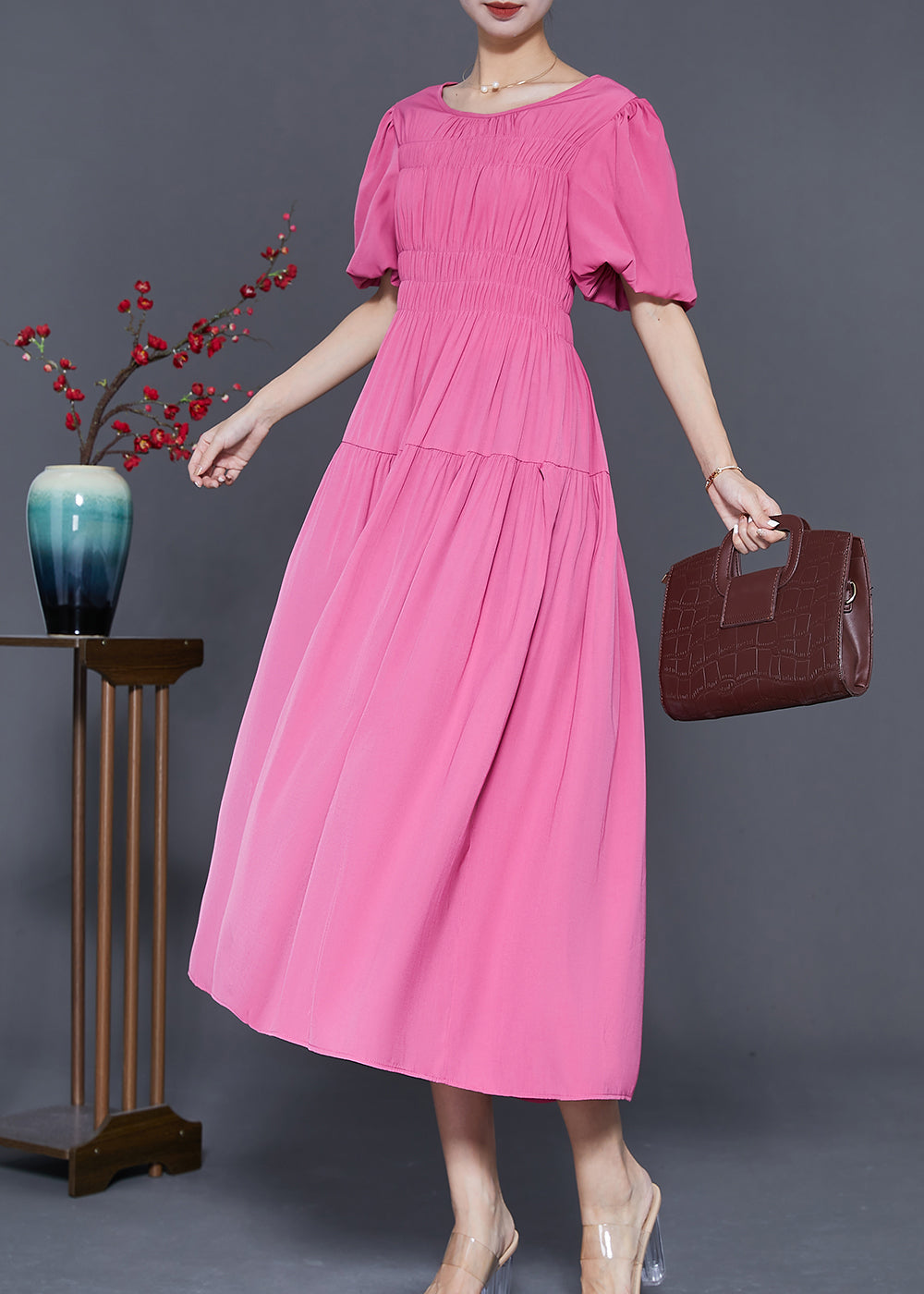 Puff Sleeve Smocked Bodice Empire Waist Tiered A-Line Maxi Dress - View 2