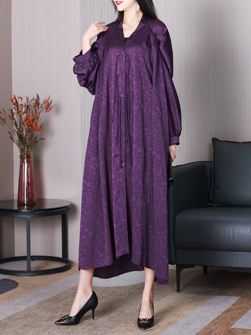 Jacquard Rose Print V-Neck Puff Sleeve Button Front Maxi Dress - View 5