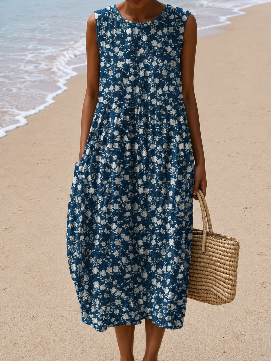 Ditsy Floral Crew Neck Sleeveless Pocket Midi Dress
