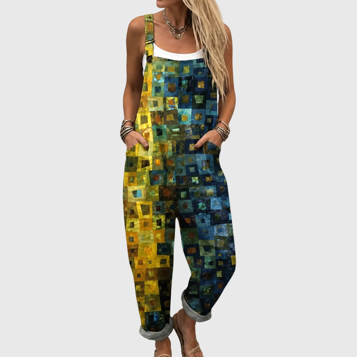 Sleeveless Mosaic Square Print Pocket Overall Jumpsuit