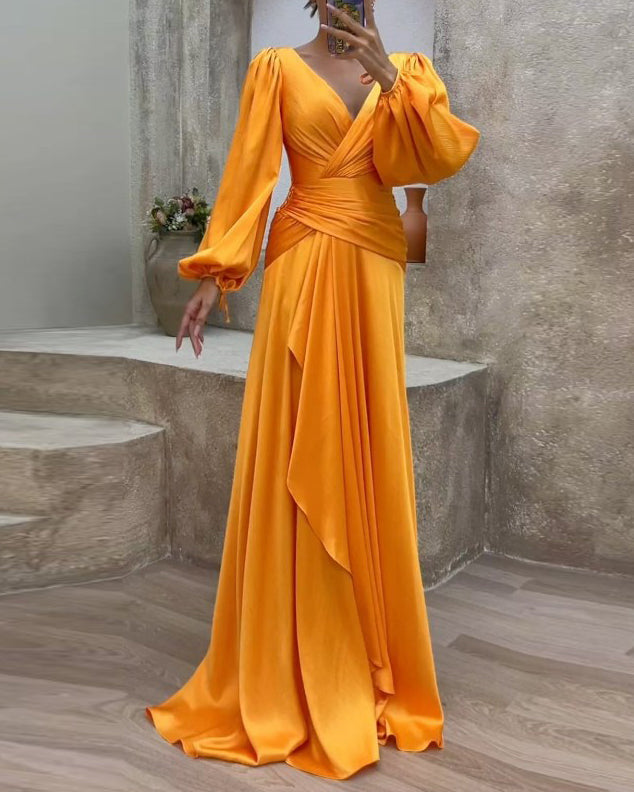 Deep V-Neck Bishop Sleeve Ruched Drape Panel Wrap Maxi Gown - View 3