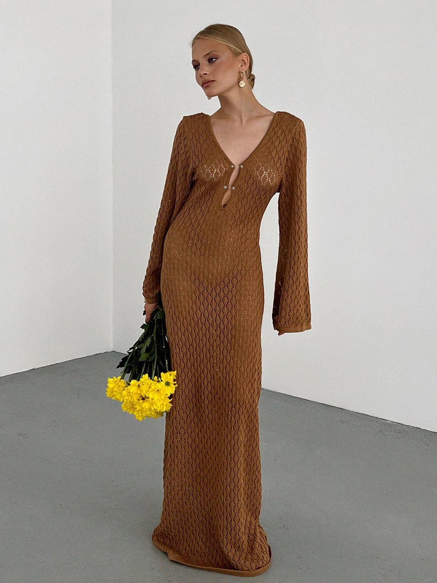 Crochet Deep V-Neck Bell Sleeve Fitted Maxi Dress - View 4