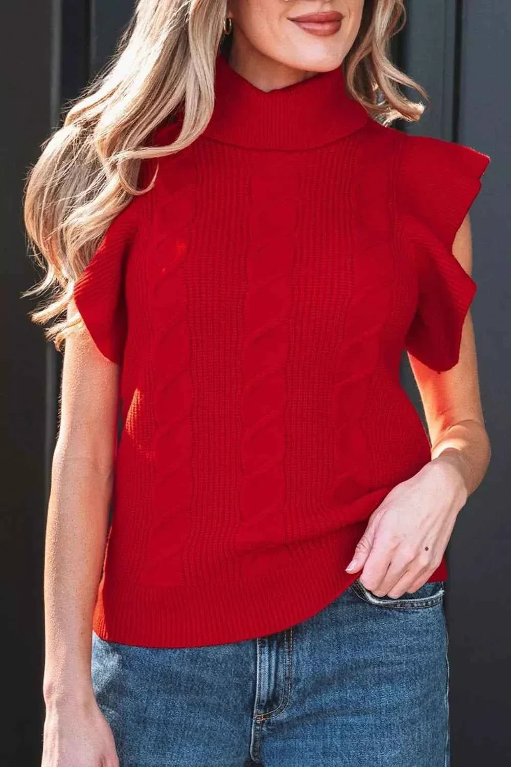 Cable Knit Turtleneck Ruffled Short Sleeve Sweater