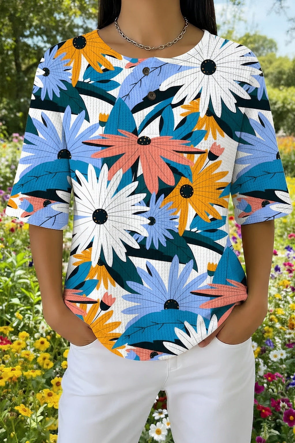 Bold Floral Print Round Neck Short Sleeve Waffle Knit Top