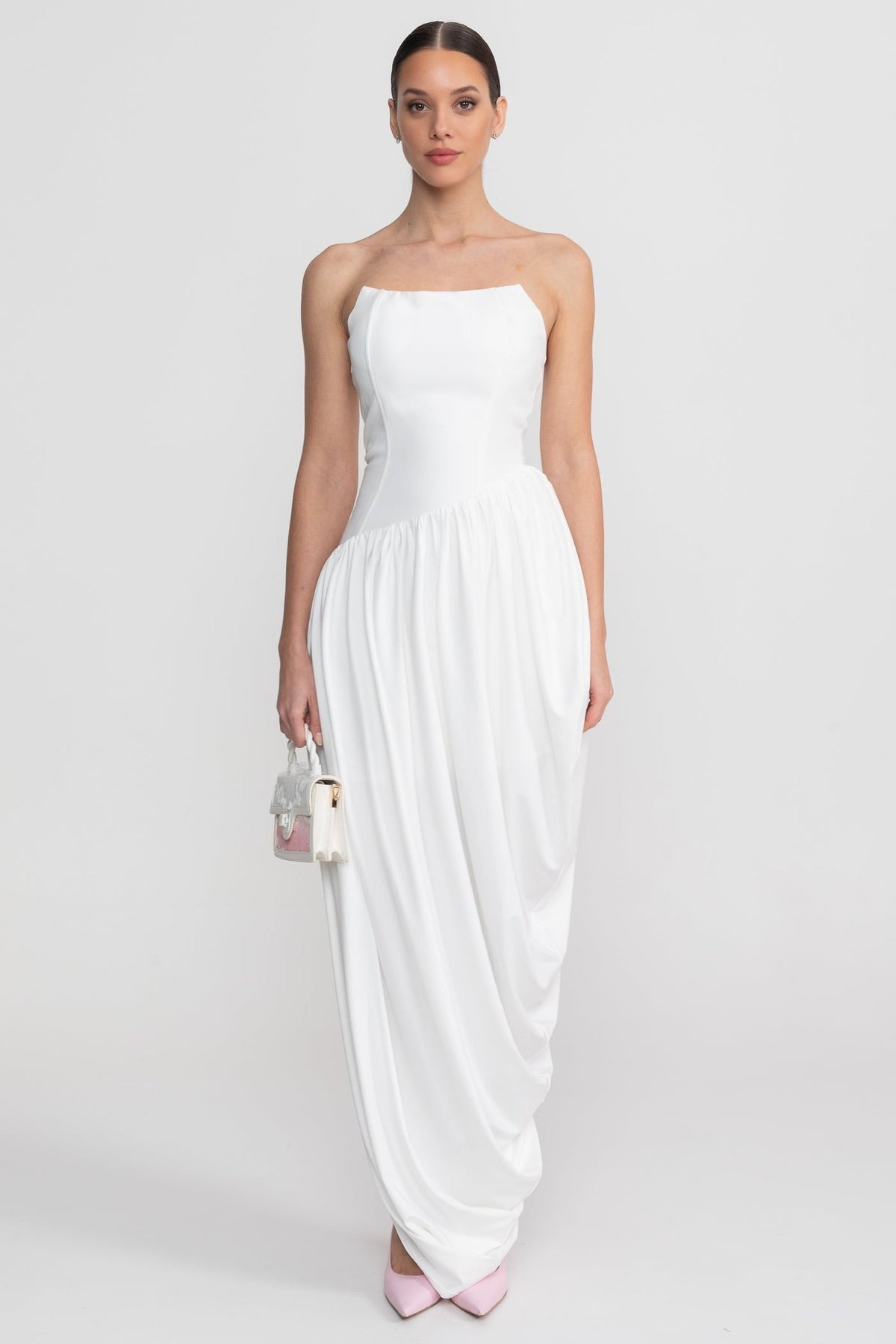 Strapless Maxi Dress With Asymmetric Draped Skirt - White