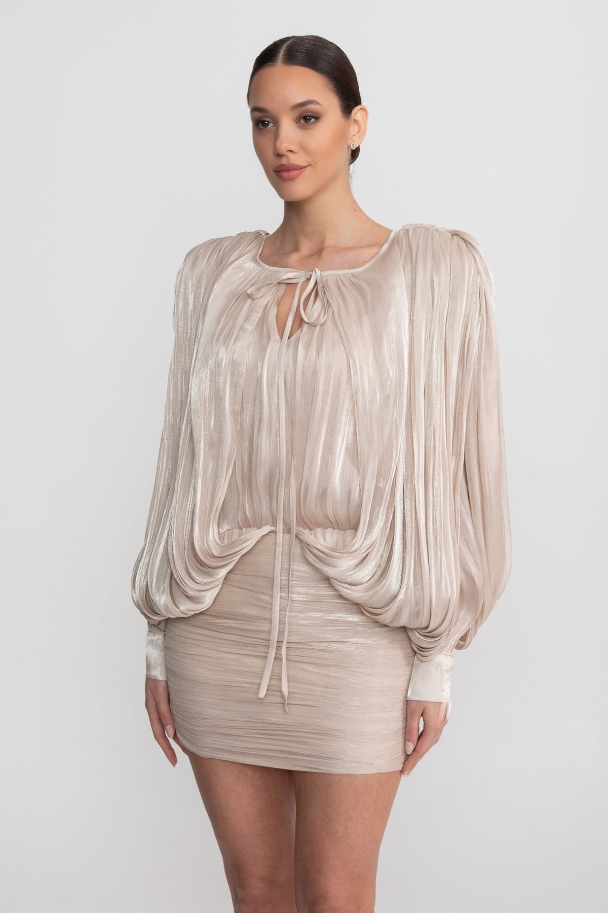 Draped Long Sleeve Mini Dress With Batwing Sleeves - Champagne - View 4