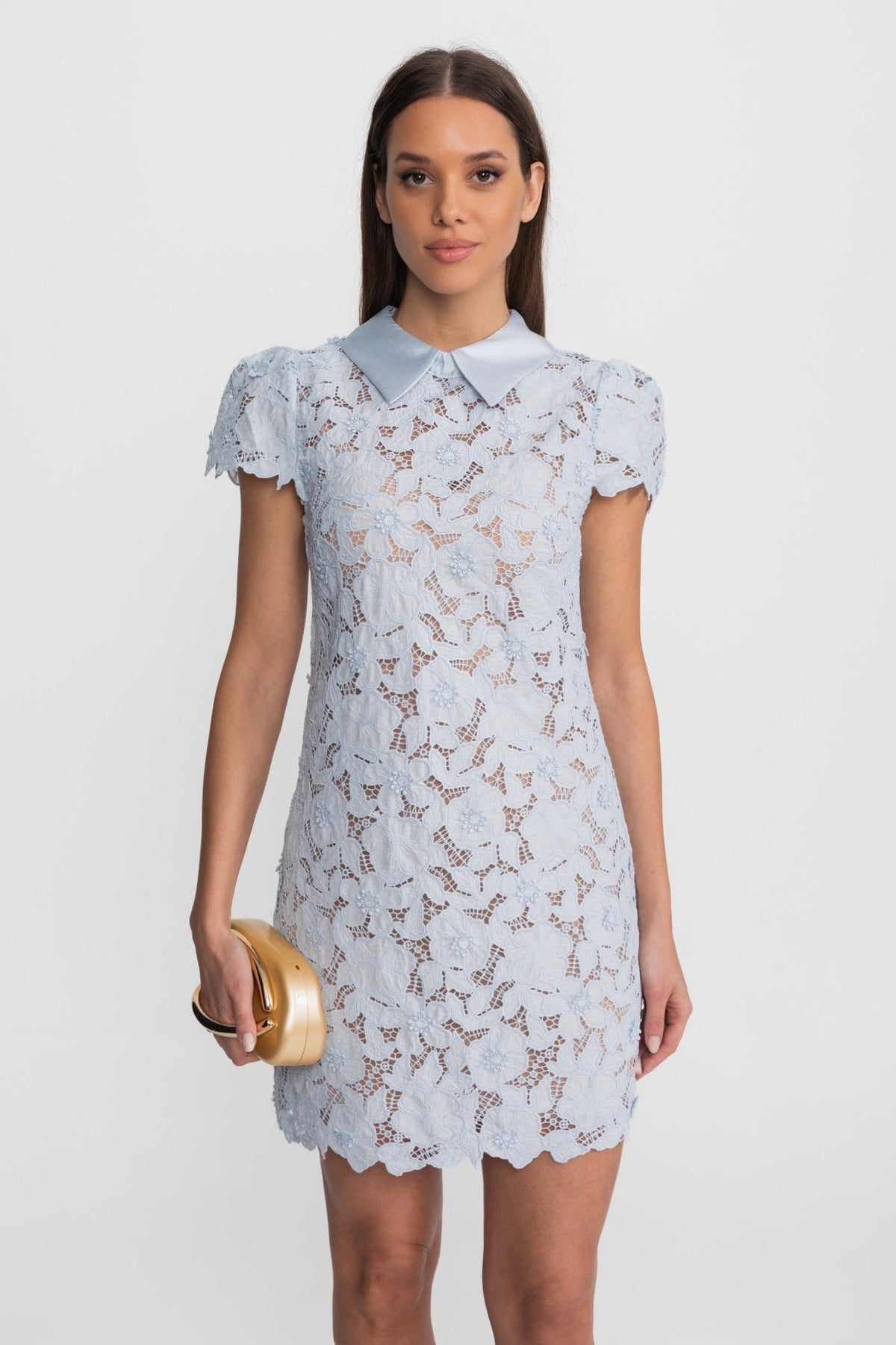 Floral Lace Mini Dress with Satin Collar – Light Blue