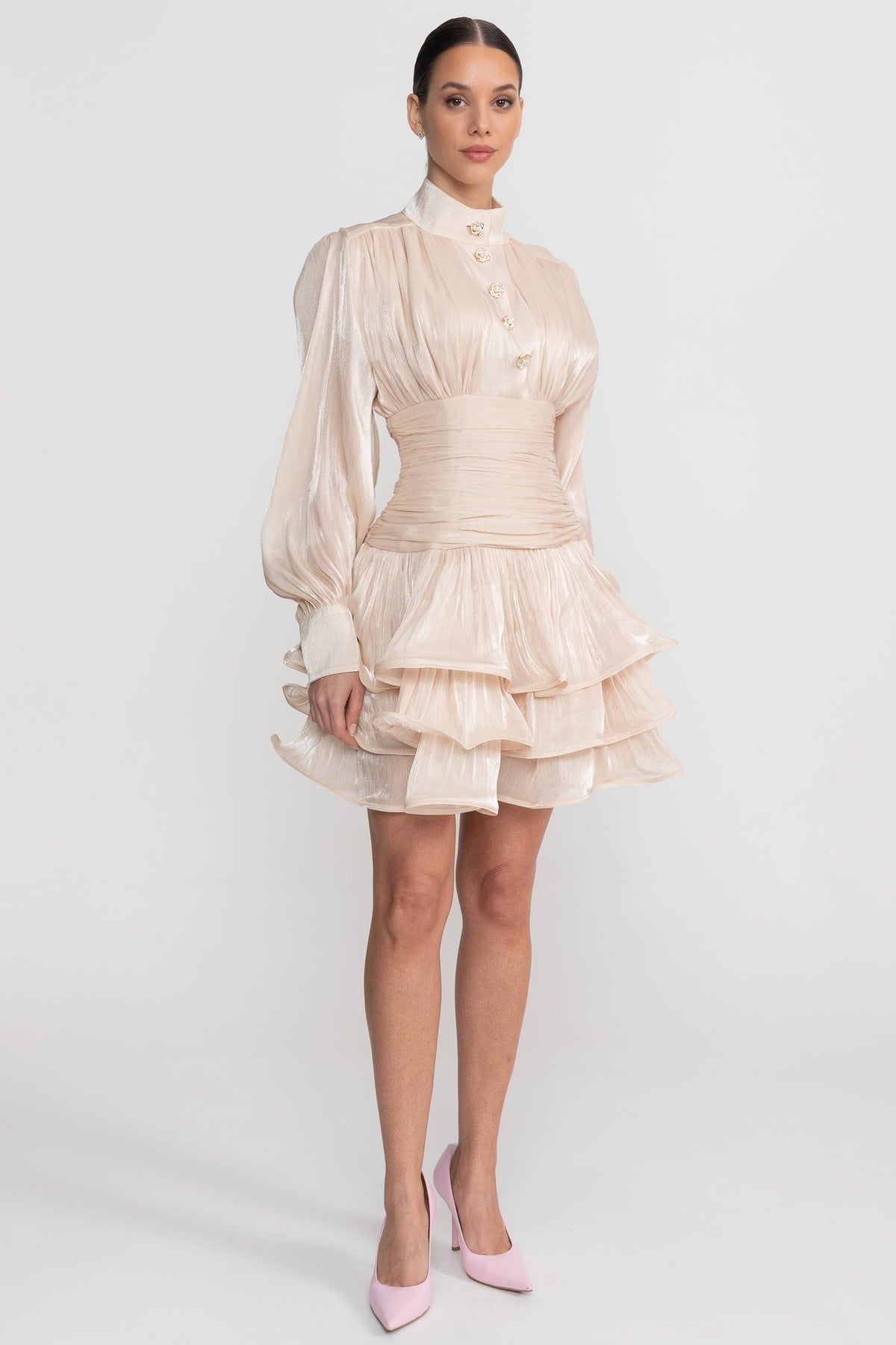 Draped Long Sleeve Mini Dress With Tiered Ruffle Skirt - Champagne - View 6