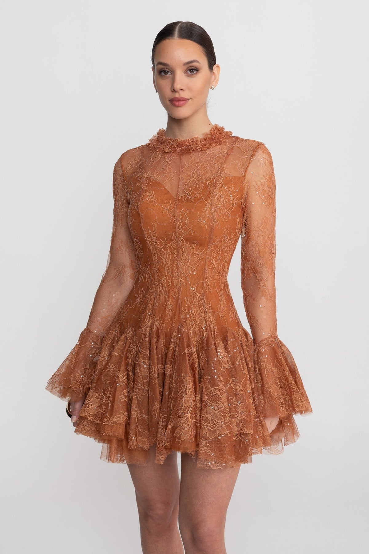 Sheer Lace Long Sleeve Mini Dress With Ruffled Hem - Rust - View 4