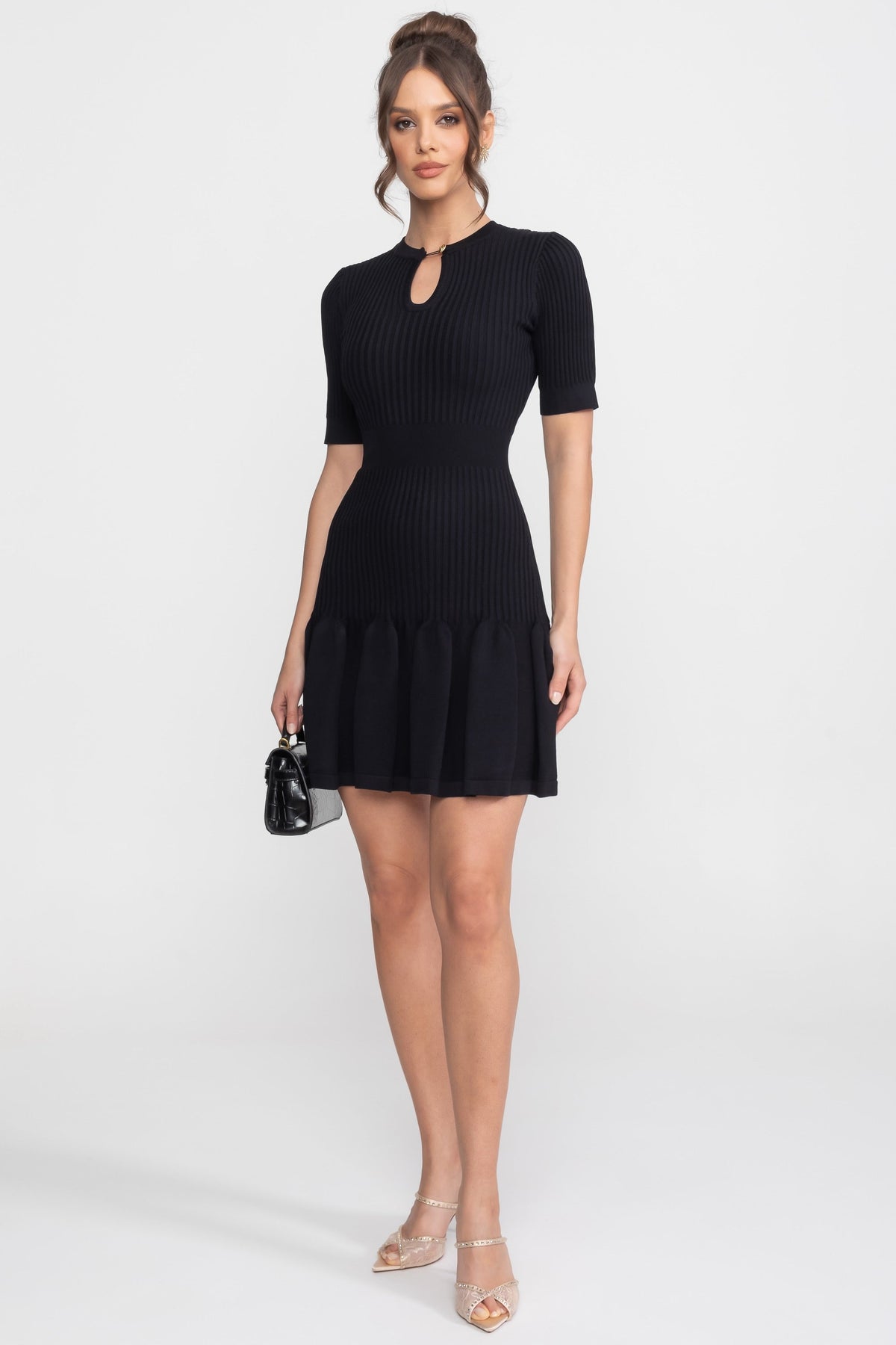Ribbed Knit Mini Dress With Gold Button Keyhole Neckline - Black - View 3