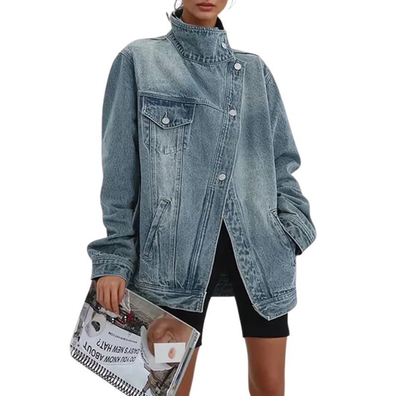 Oversized High Neck Asymmetric Button Denim Jacket 3