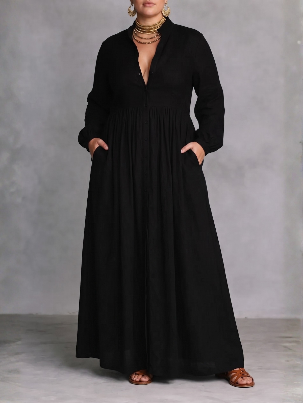 Collared Long Sleeve Button Front Pintuck Shirt Maxi Dress 4