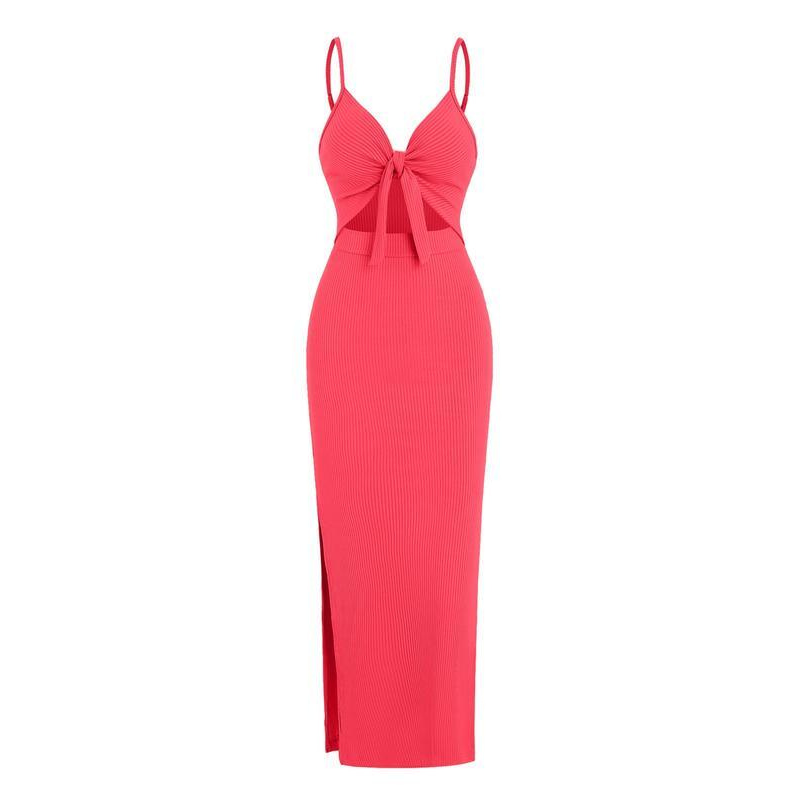 Ribbed Knot Front Cut Out Spaghetti Strap Split Maxi Dress 7