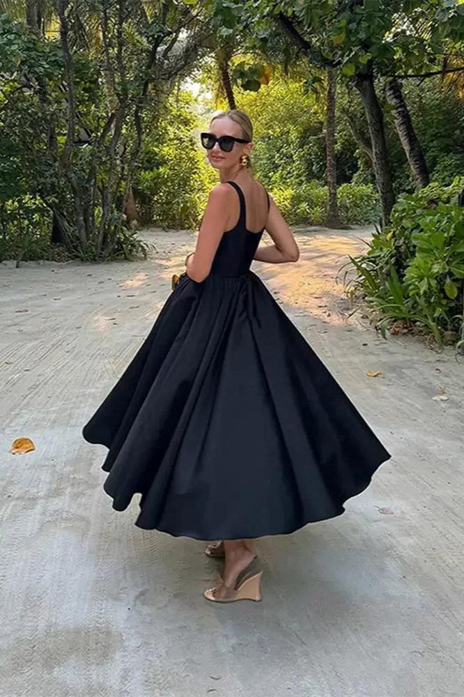 Square Neck Corset Bodice Wide Strap Gathered A-Line Midi Dress - View 2