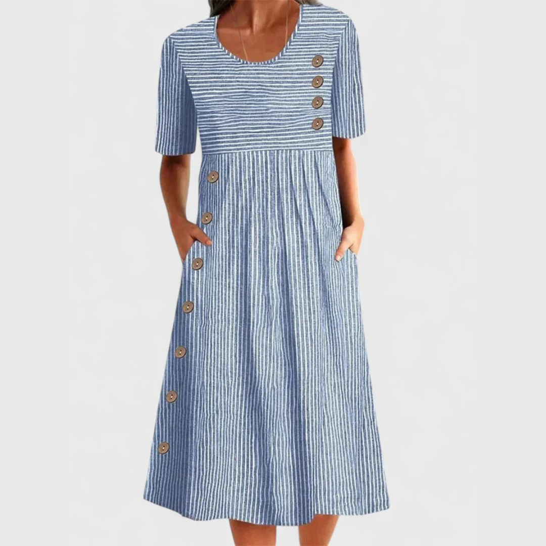 Striped Round Neck Short Sleeve Button Front Midi Dress 2