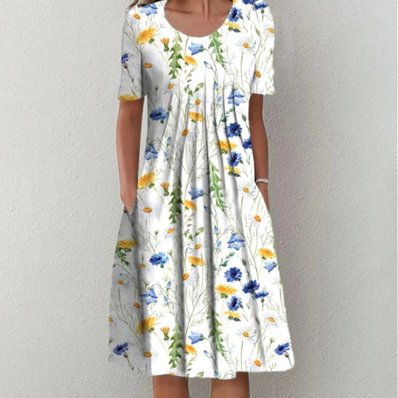 Short Sleeve Scoop Neck Gathered Bodice Pocket A-Line Midi Dress - View 2