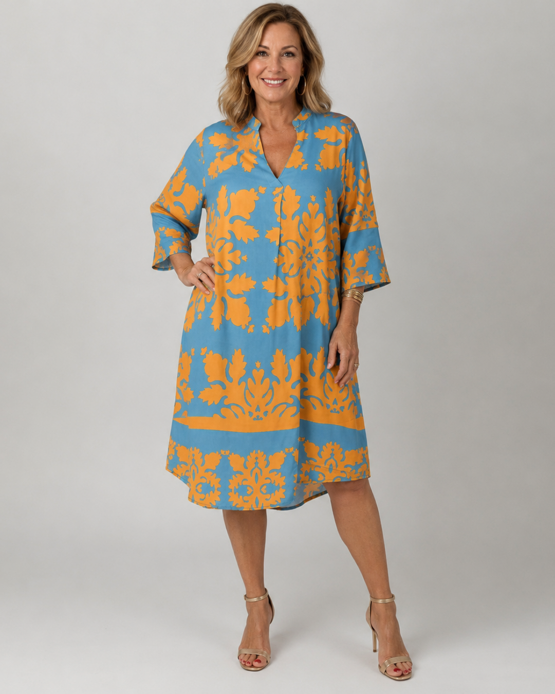 Damask Print Split Neck Three Quarter Sleeve A-Line Dress 9