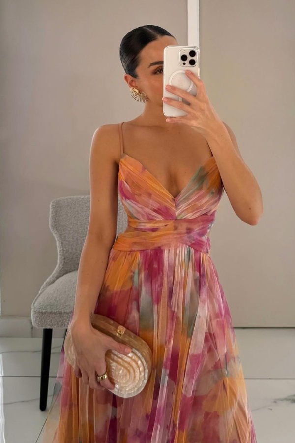 Floral Print Tulle V-Neck Spaghetti Strap High Split Maxi Gown 2