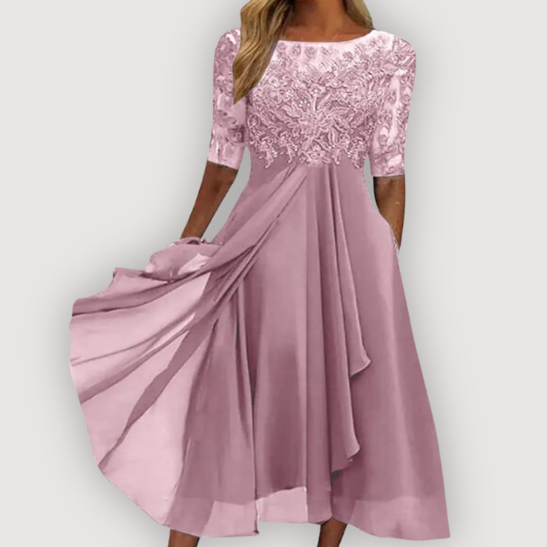 Lace Bodice Round Neck Half Sleeve Chiffon Midi Dress 3
