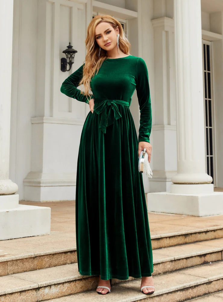 Round Neck Long Sleeve Belted Velvet Maxi Dress 2