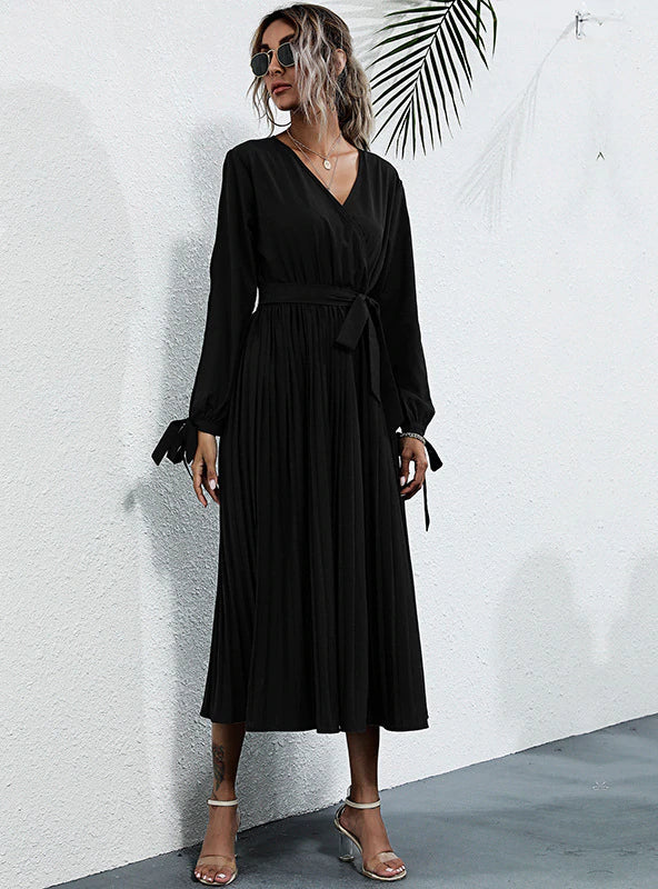 V-Neck Split Sleeve Tie Waist Pleated Wrap Midi Dress 2