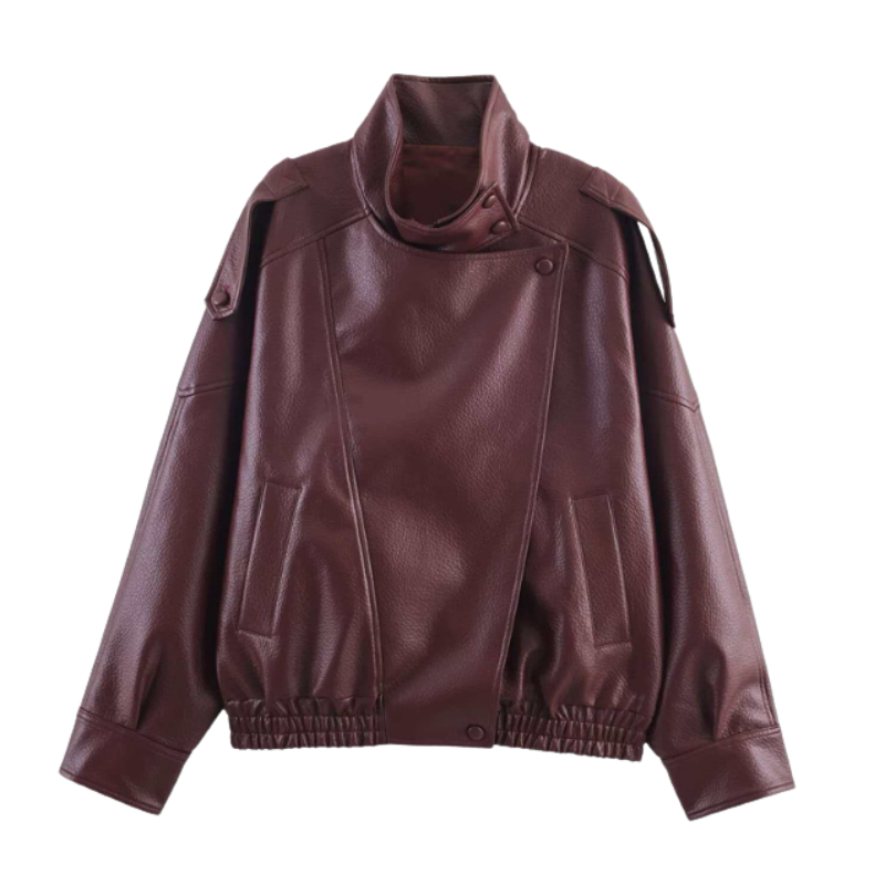 Funnel Neck Zip Front Oversized Faux Leather Moto Jacket 3