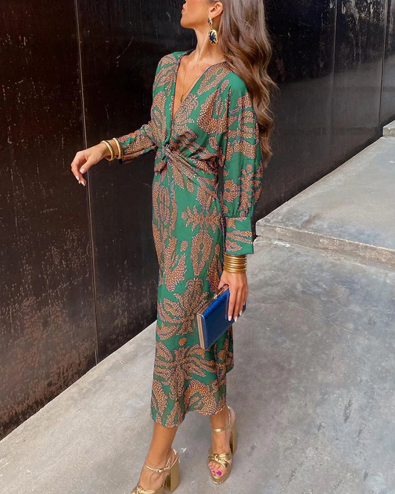 Floral Print Deep V-Neck Long Sleeve Twist Front Wrap Midi Dress - View 2