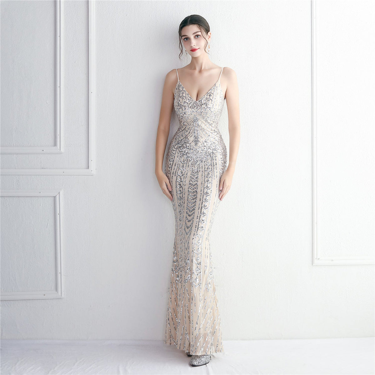 Sequin Geometric Spaghetti Strap V-Neck Mermaid Maxi Gown 8