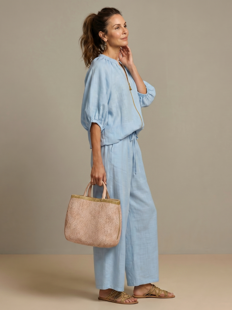 Puff Sleeve Zip Front Top and Wide Leg Pants Two Piece Set 2