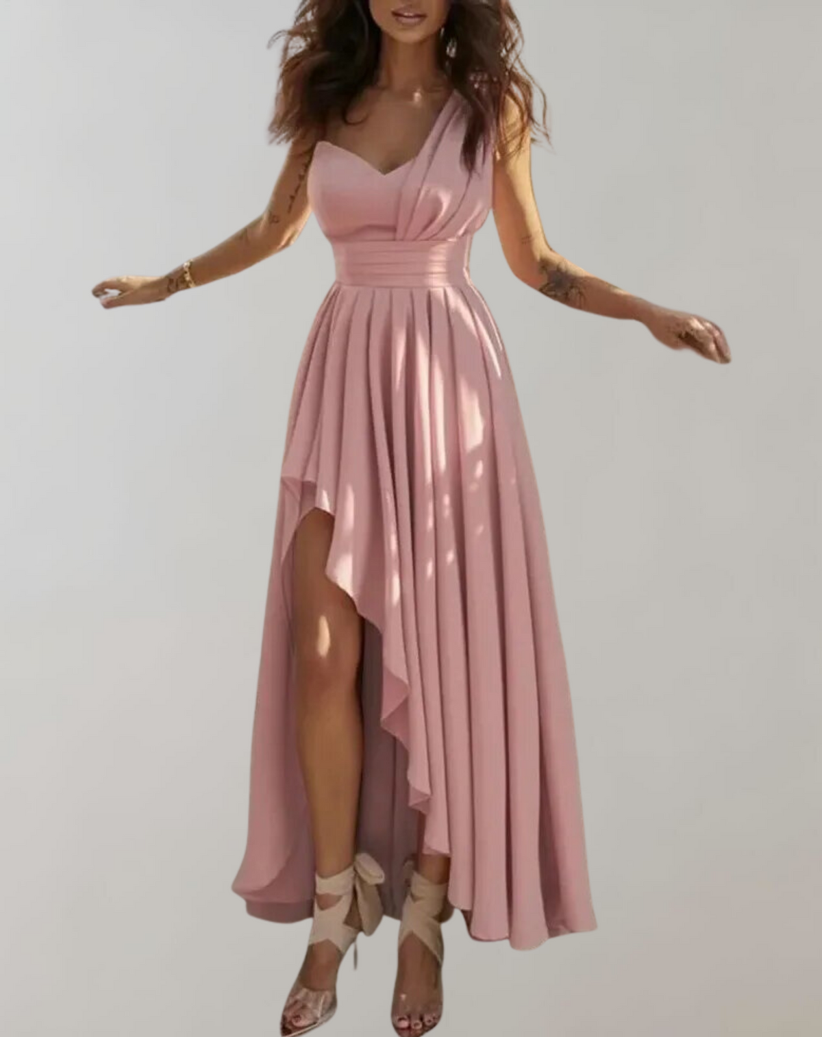 One Shoulder Corset Boned Pleated High Split Maxi Cocktail Gown - View 3