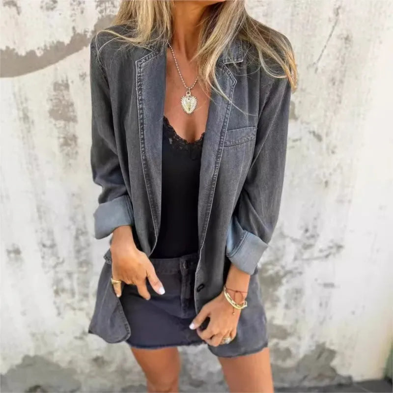 Denim Look Lapel Button Front Blazer 4