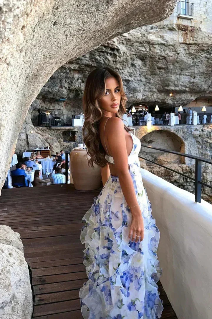 Floral V-Neck Spaghetti Strap Ruffle Maxi Dress 4